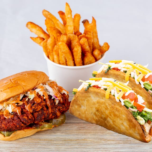 Chicken Sando and Two Crunchy Tacos with fries.