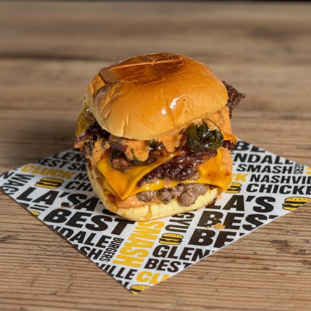 Candied Bacon Jalapeño Burger - Double Wagyu Patty Combo with Fries.