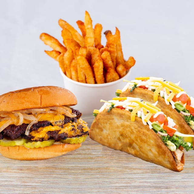 Single wagyu burger, Two Crunchy Tacos with fries.