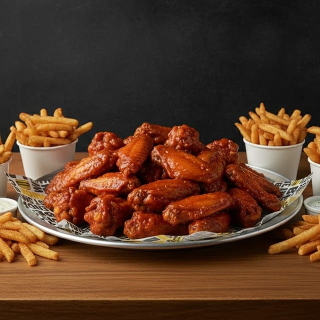 50 Piece Chicken Wings with Fries & Soda.