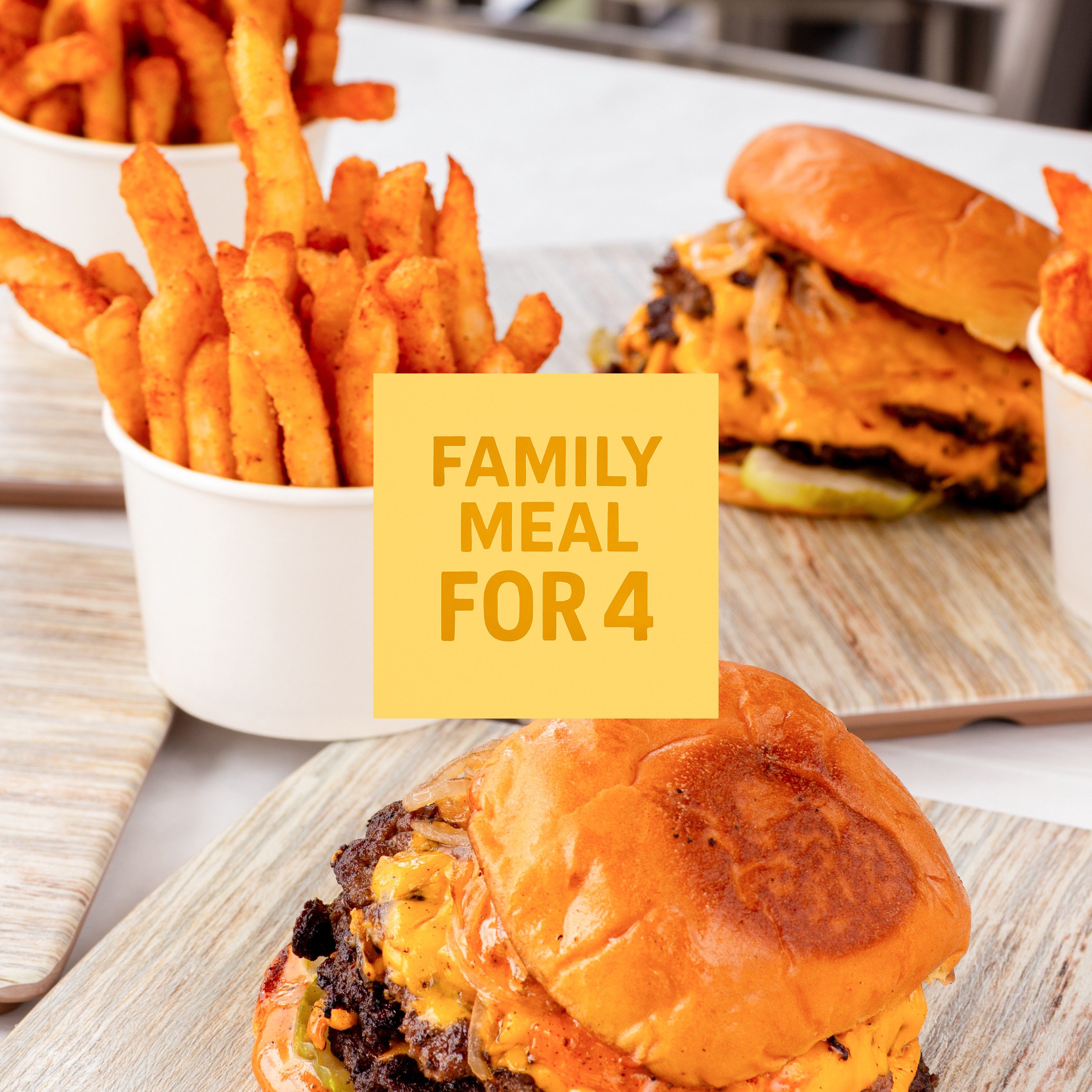 Single Wagyu Smash Burger w/Fries, Soda - 4 Family Pack.